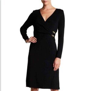 🌻Vertigo Paris Black Knit Long Sleeve Faux Wrap Silver Embellished V Neck Dress